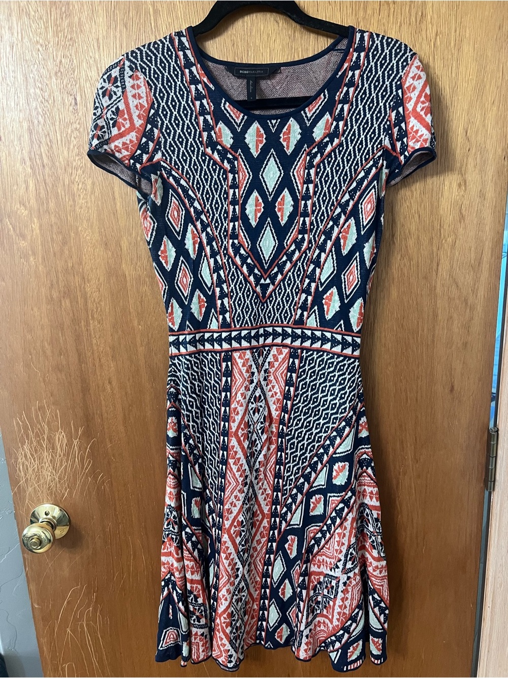BCBGMaxAzria Aztec Geometric Fit & Flare Knit Dress — Navy & Coral